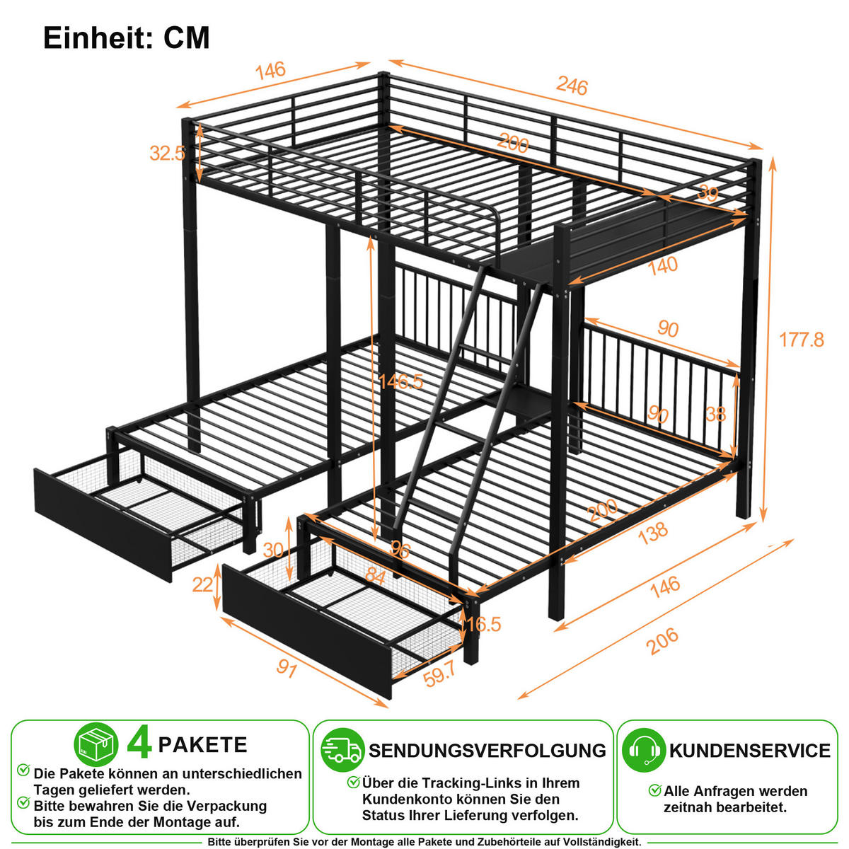 ETAGENBETT 90/200 cm & 140/200 cm in Schwarz mit 2 Schubladen - Schwarz, Metall (90/200cm) - CHICFURN