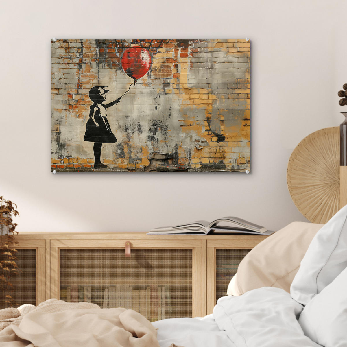 ACRYLGLASBILD Graffiti - Banksy - Mädchen - Straßenkunst 60x40 cm - Sandfarben, Glas (60/40cm) - MuchoWow