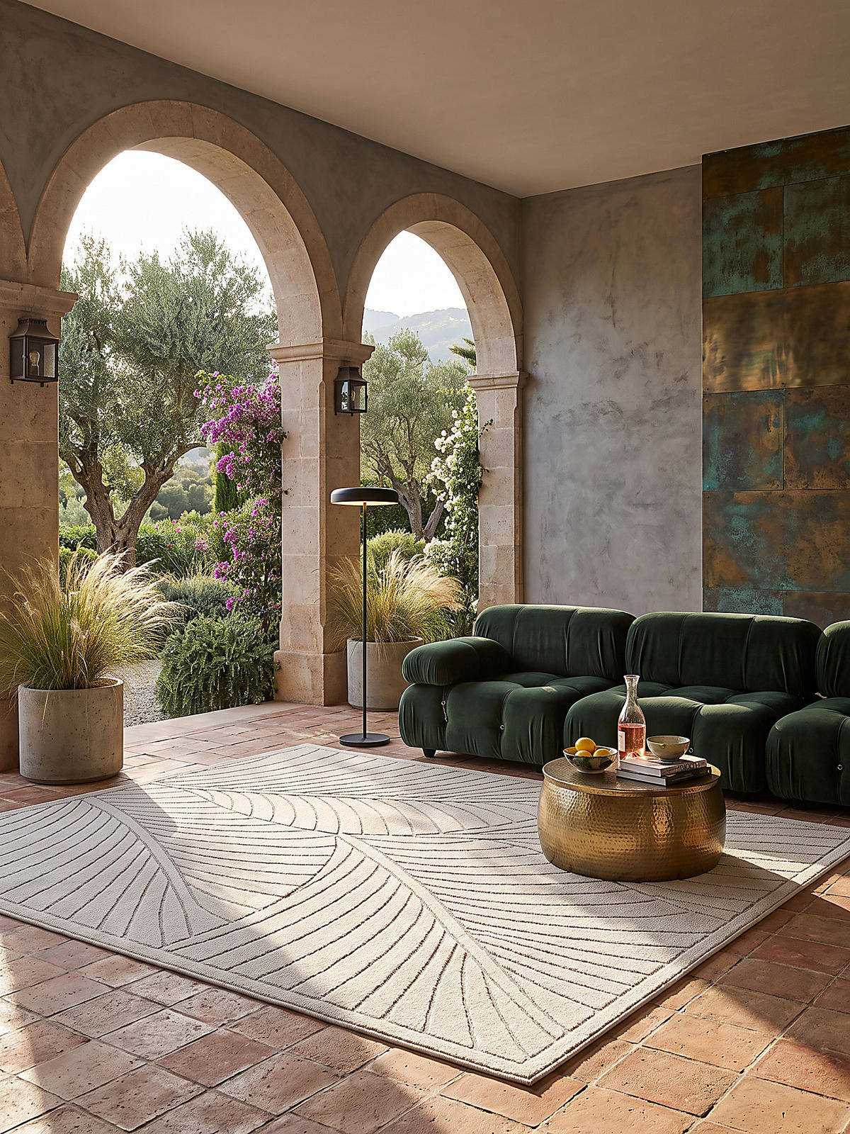 TEPPICH Outdoor, Fußbodenheizung-geeignet, mit Blattmotiv, ENGADIN in Creme, 240 x 340 cm - Creme, Textil (240/340cm) - KADIMA DESIGN