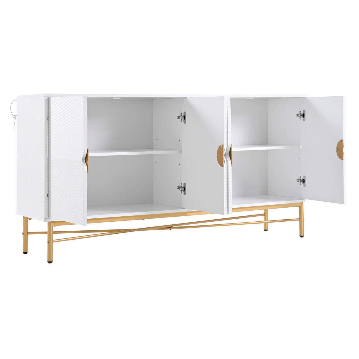 SIDEBOARD 160/40/82 cm mit 4 Türen in Weiß mit Strukturfronten & goldfarbenen Details - Weiß, Holzwerkstoff (160/82/40cm) - BEAOK