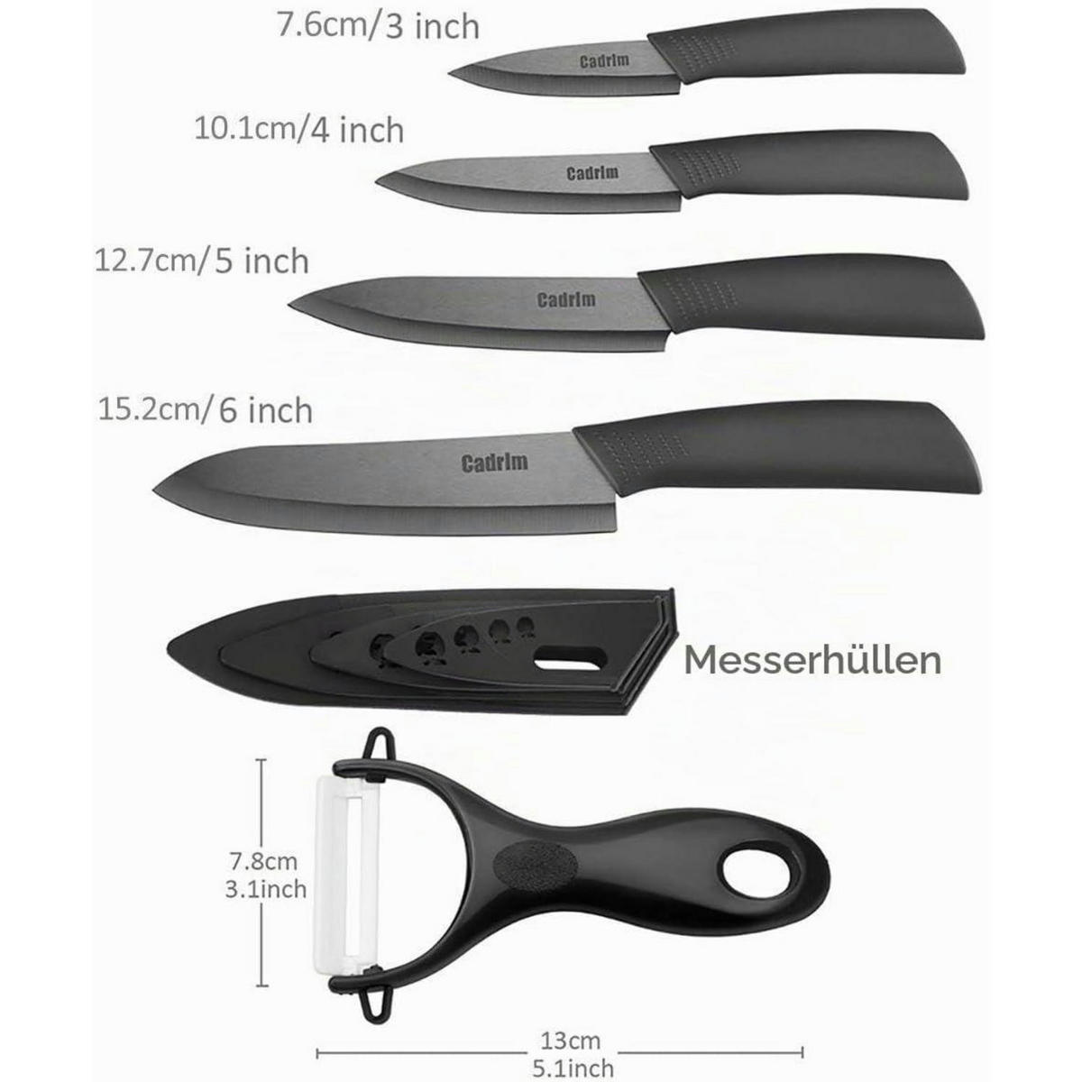 KÜCHENMESSER Set 5-teilig Keramik mit Klingenschutz Schwarz - Schwarz, Keramik (15.5cm)