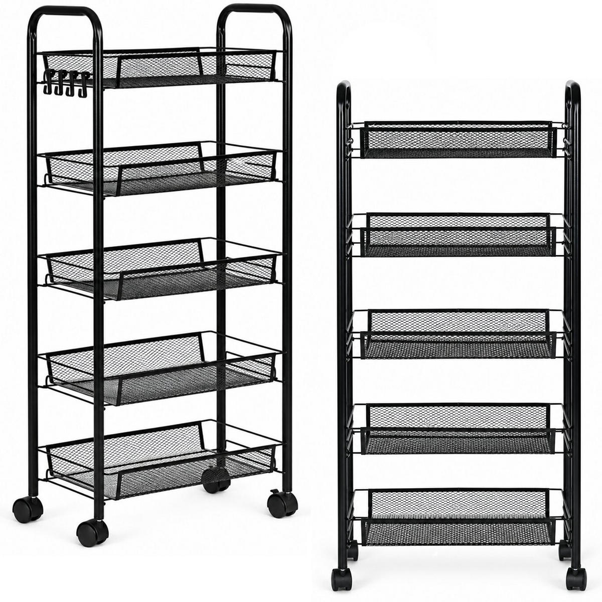 ROLLWAGEN Metall, 5 Ablagekörbe, 103 cm, Schwarz, mit Haken - Schwarz, Metall (45/103/26cm) - Mat-Haus