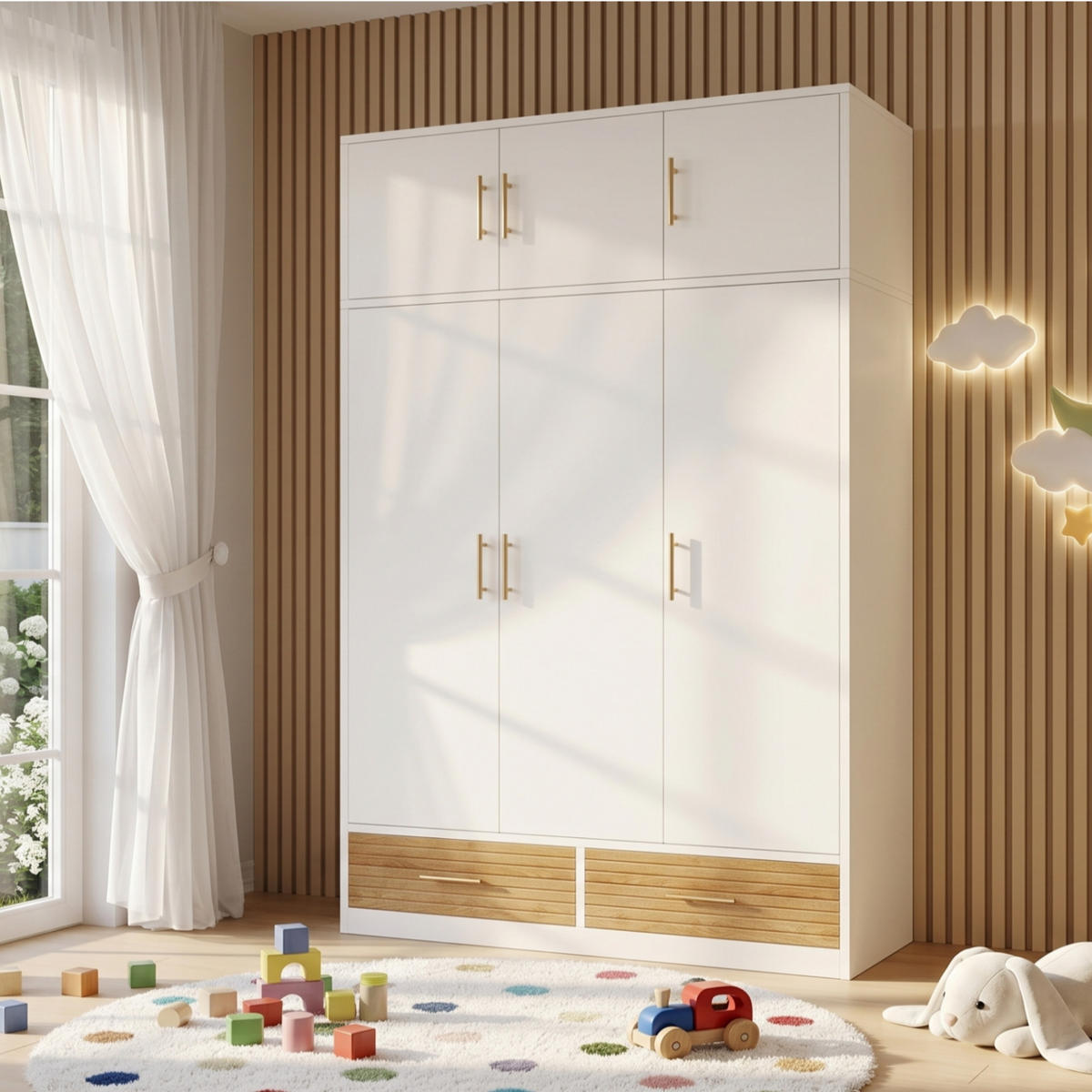 KINDERKLEIDERSCHRANK 120x50x180cm Weiß mit Oberfach und Schubladen - Weiß, Holz (61.6/13.49/133.3cm) - Raelunyi