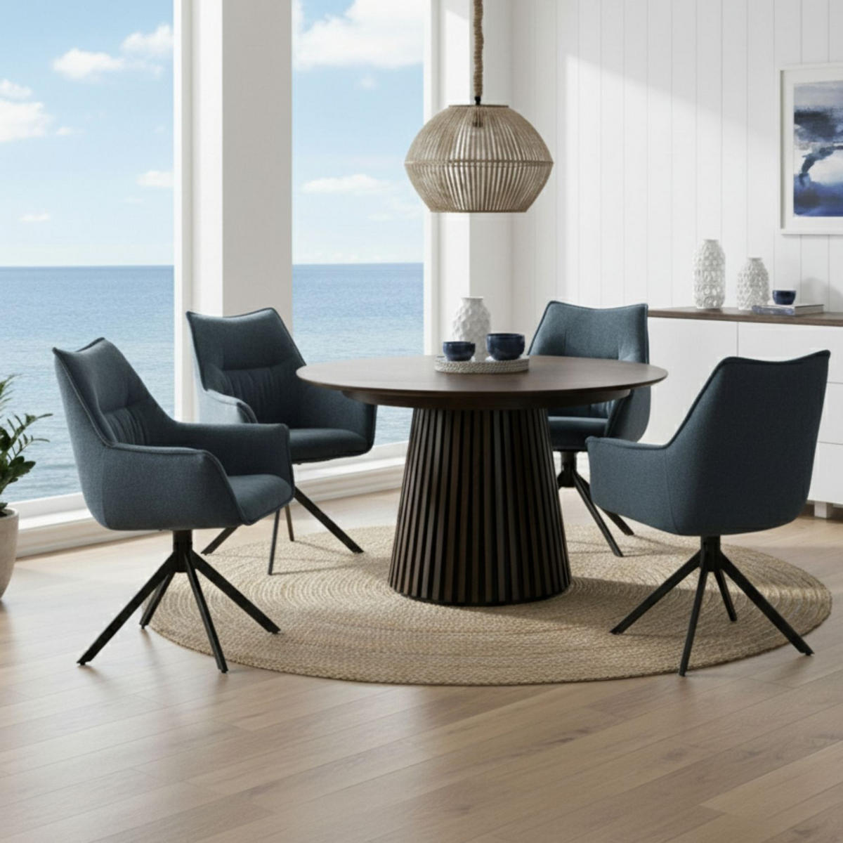 MÖBELSET Diningtisch Barletta, 4er Set Diningsessel Ginosa blau - Blau/Dunkelbraun, Holz/Textil (120/76/120cm) - bene living
