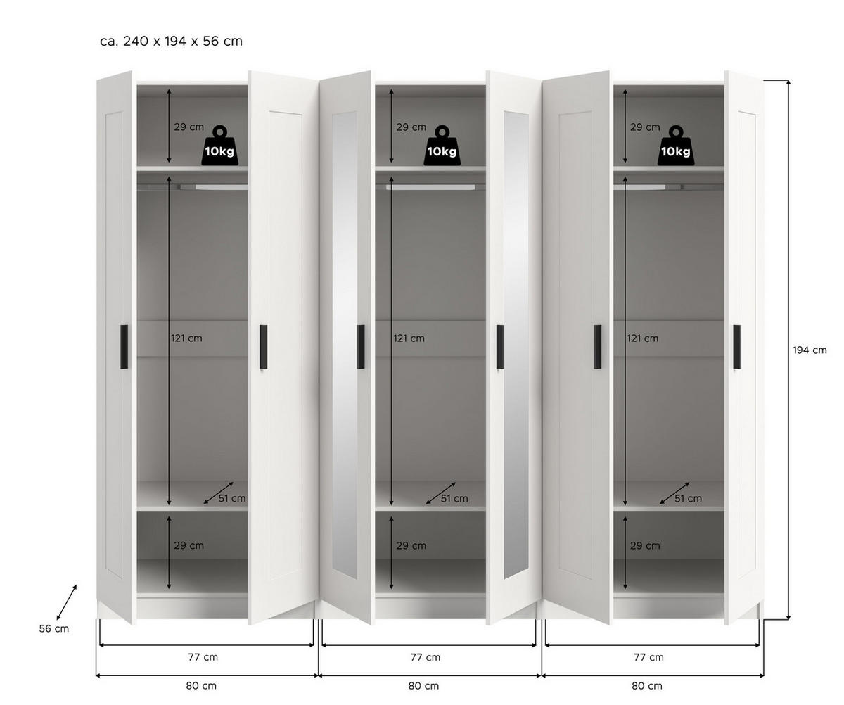 KLEIDERSCHRANKKOMBINATION VISBY (B/H/T: ca. 240/194/56 cm) in weiß/weiß - Weiß, Holzwerkstoff (240/194/56cm)