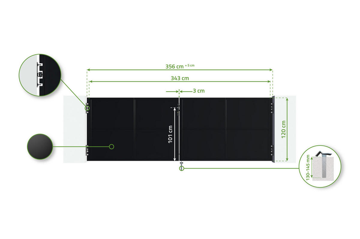 STAHLFLÜGELTOR Nali Mattschwarz 3,5m H.120 cm - Schwarz, Metall (343/120cm) - Casanoov