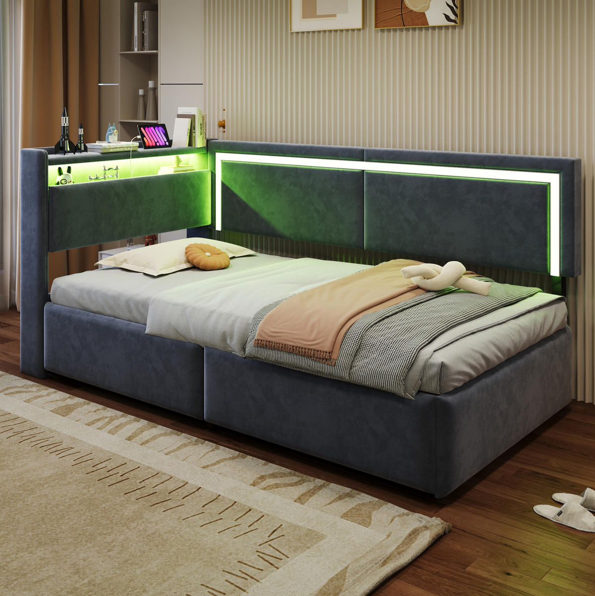 POLSTERBETT 90/200 cm mit LED-Beleuchtung, USB-Anschlüssen, Stauraum und Samtbezug, Grau - Grau, Holzwerkstoff (90/200cm) - Redom