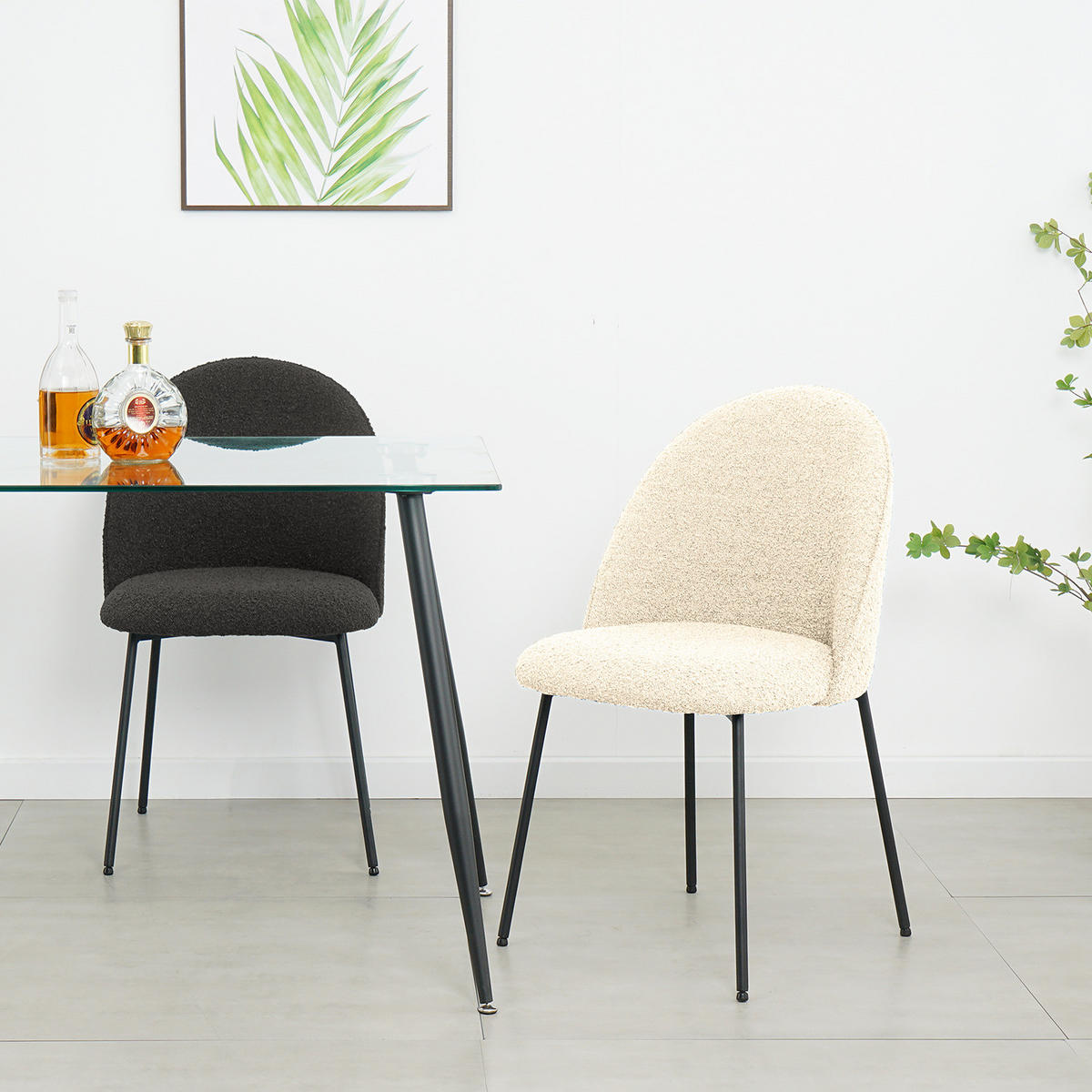 POLSTERSTUHL - Bouclé / Eisen, 2er-Set - Creme/Schwarz, Textil (49/84/54cm) - home24