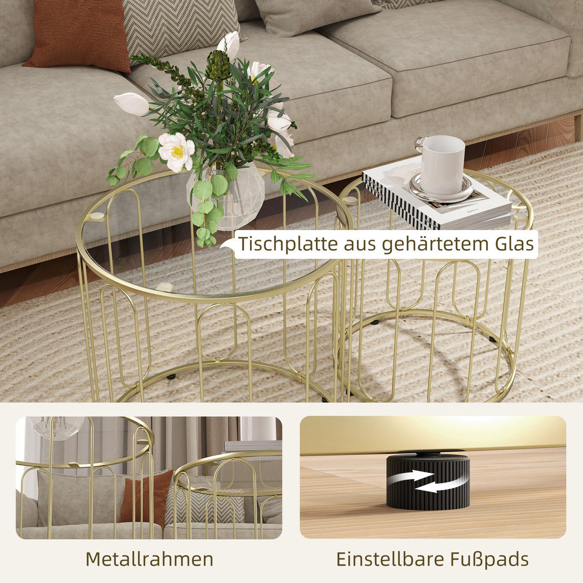 COUCHTISCH rund Stapelbar 2er Set Beistelltisch mit geometrischem Metallrahmen - Goldfarben, Metall (50/50/50cm) - HOMCOM