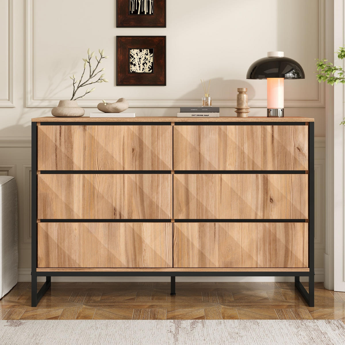 SIDEBOARD 120/40/80 cm mit 6 Schubladen in Schwarz & Natur im industriellen Look - Naturfarben, Holzwerkstoff (120/80/40cm) - BEAOK