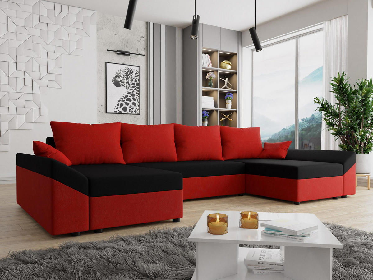 WOHNLANDSCHAFT Dante U - Rot/Schwarz, Holz/Kunststoff (310/82/140cm) - MIRJAN24
