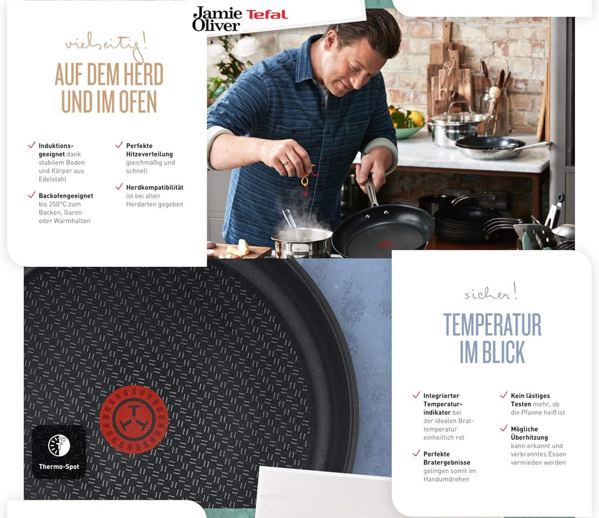 WOKPFANNE Edelstahl G43519 Jamie Oliver 2-teilig – Wok Ø28 cm mit Pfannenwender, Induktion, Antihaft, Silber - Silberfarben, Keramik/Metall (28cm) - Tefal