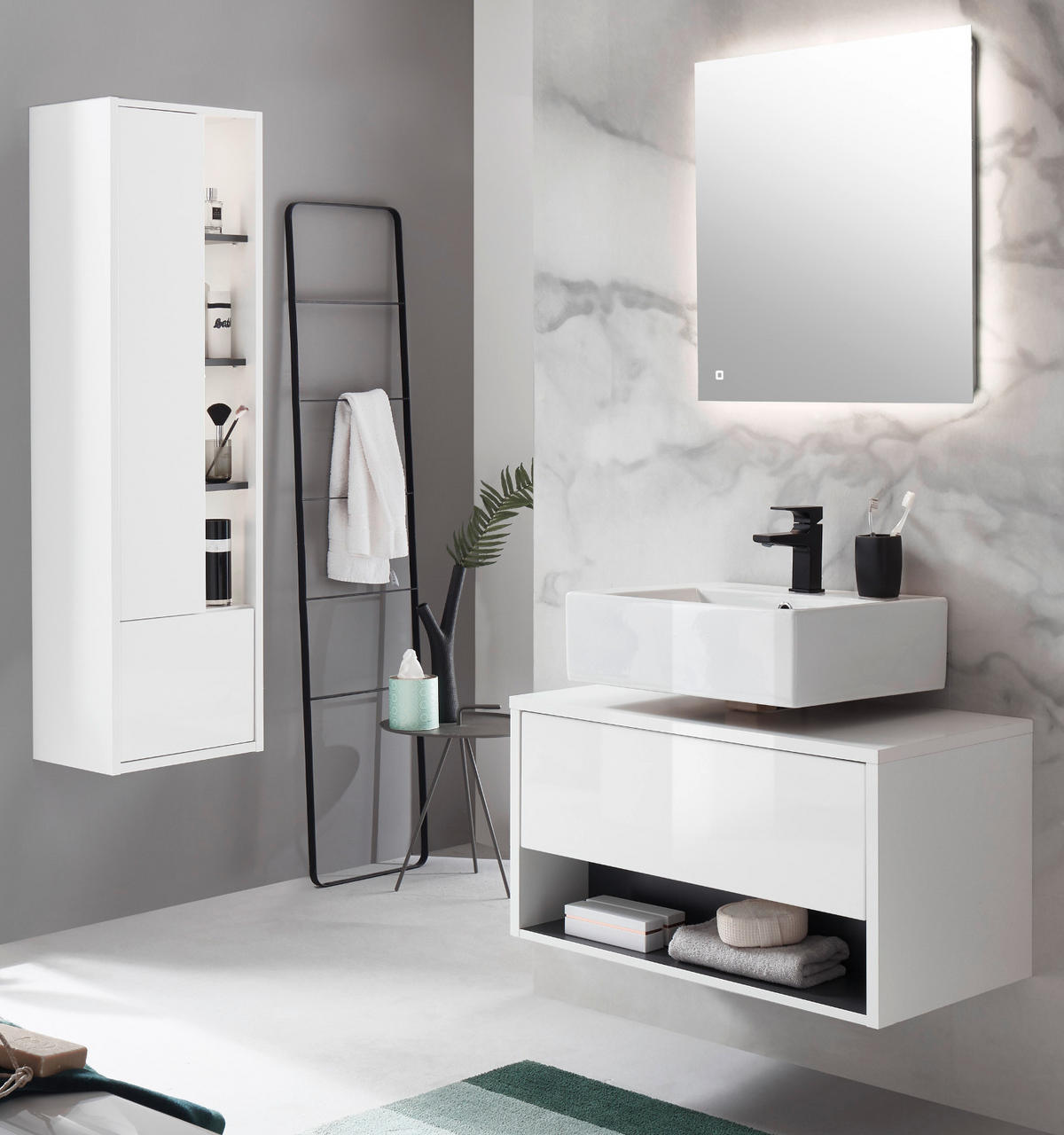 BADMÖBEL-SET 3-teilig weiß Hochglanz, grau, Badezimmerschränke mit LED Beleuchtung - Weiß Hochglanz/Grau, Glas/Holzwerkstoff (135/190/46cm) - Furn.Design