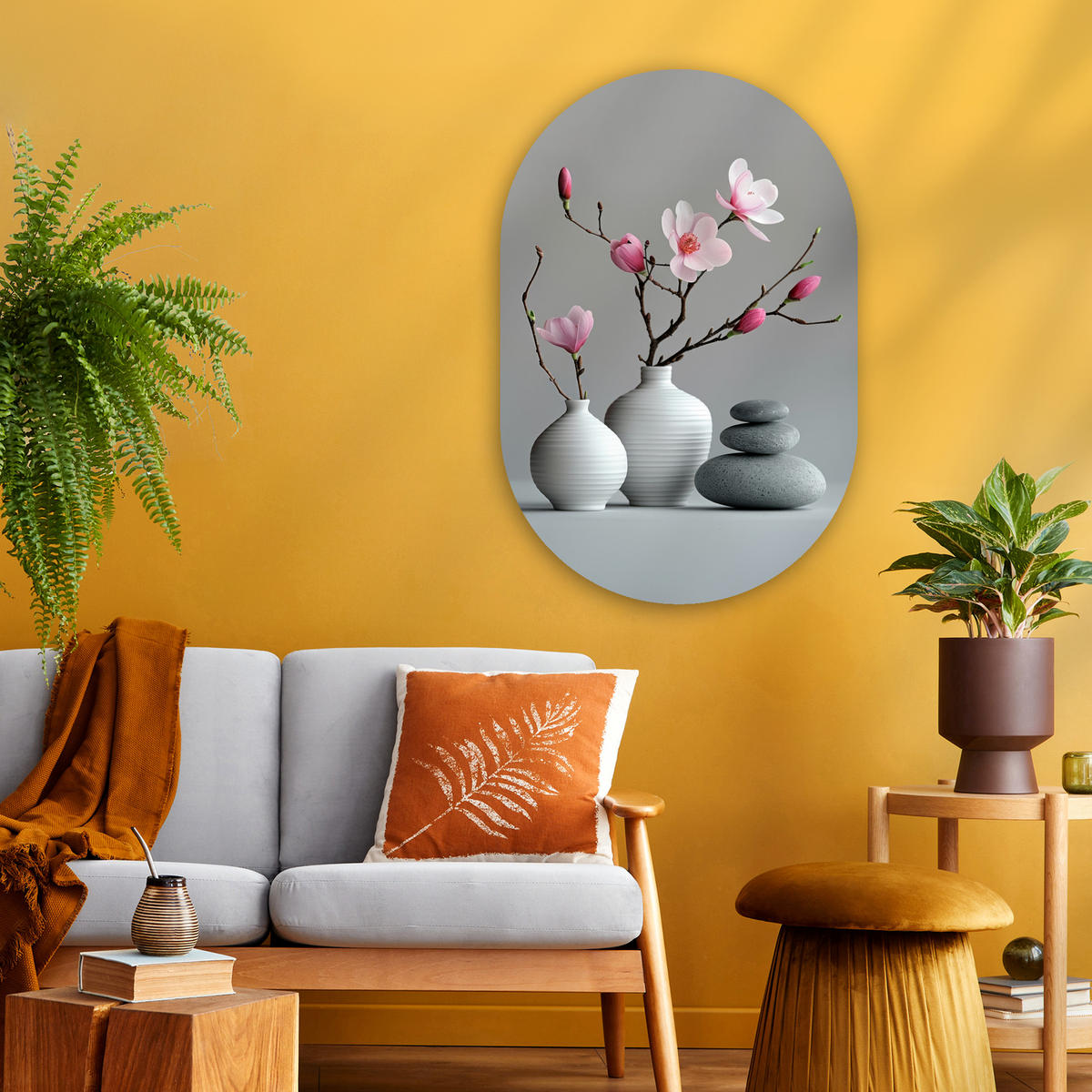 WANDBILD Magnolie - Blumen - Rosa - Zen-Steine 60x90 cm - Hellgrau, Kunststoff (60/90cm) - MuchoWow