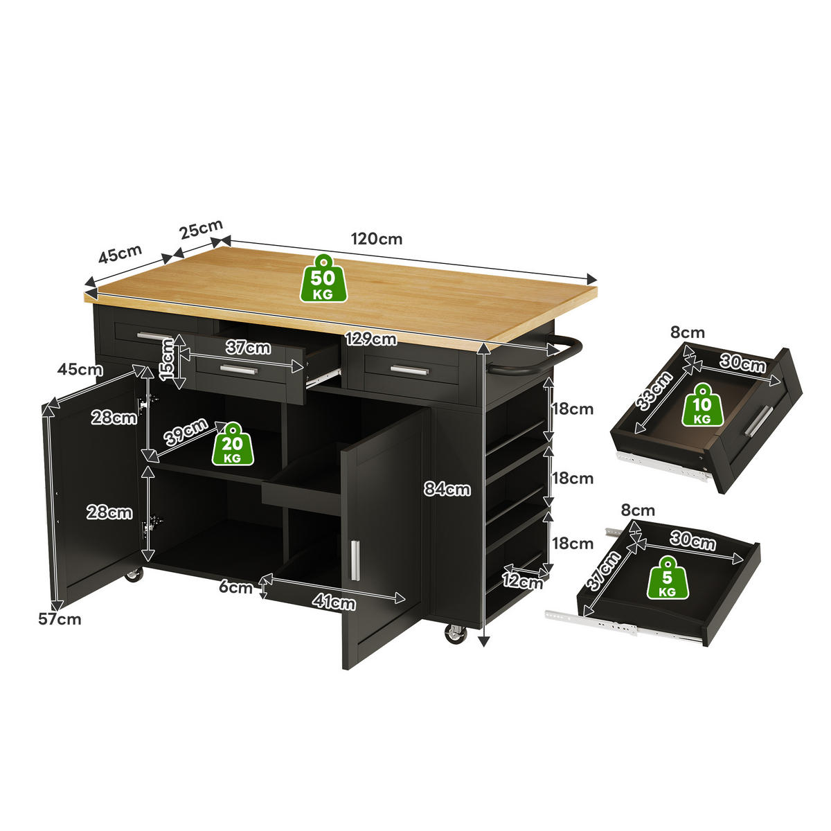 KÜCHENINSEL 84 cm MDF Natur Schwarz mit Klappbarer Arbeitsplatte und USB-Steckdose - Schwarz, Holzwerkstoff (70/84/120cm) - Korfee