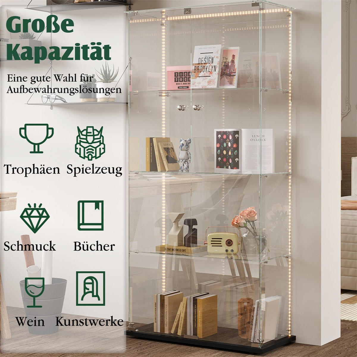 VITRINE - Glasvitrine mit 2 Türen und 4 Ebenen - integrierte LED-Streifen-Beleuchtung - Schwarz - Schwarz, Glas (78.5/163/35cm) - DELFA
