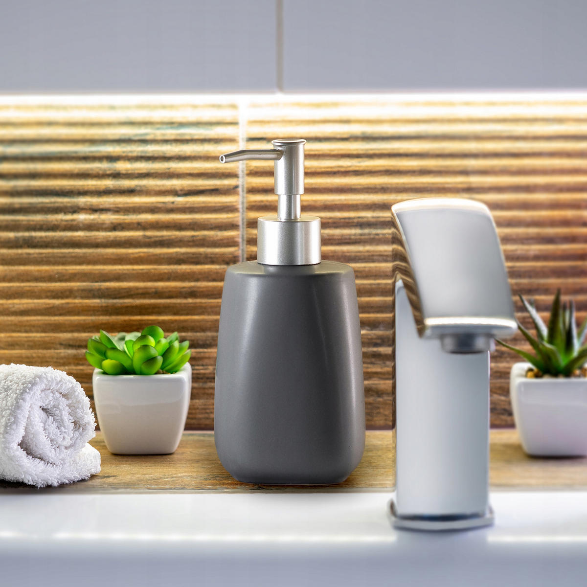 FLÜSSIGSEIFENSPENDER 400 ml 2 Stk. - Grau, Keramik (8/18cm) - KADAX
