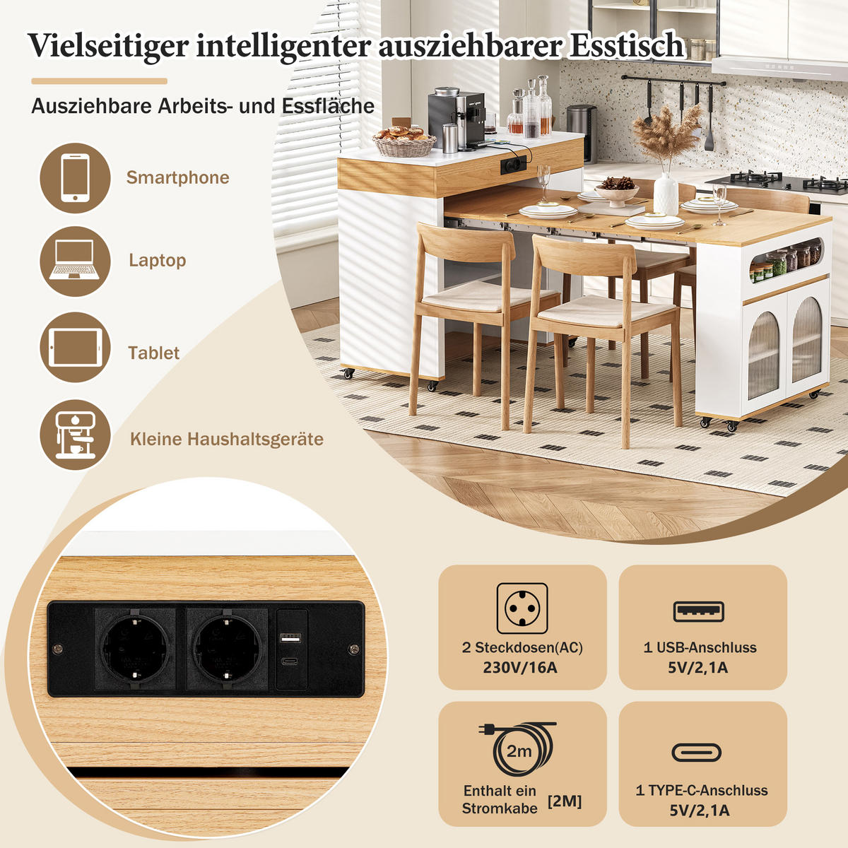 KÜCHENINSEL mit ausziehbarer Tischplatte DE-39566 Natur - Naturfarben, Holzwerkstoff (110.5/95.5/50.5cm) - ComfortXL