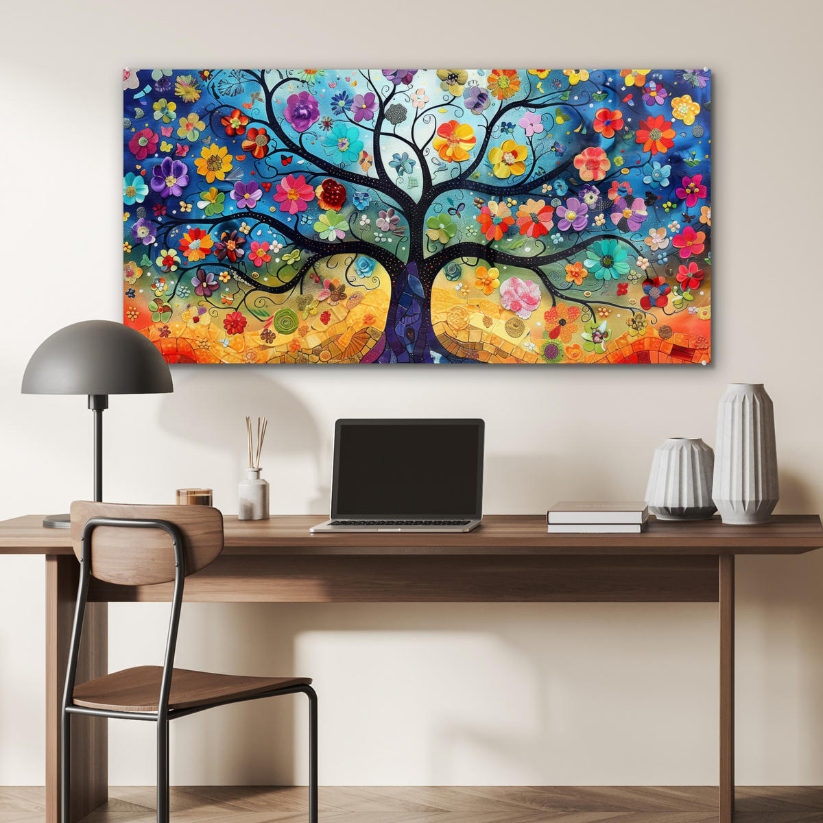 OBRAZ NA AKRYLOVOM SKLE Umenie - Strom života - Kvety - Hippie 120x60 cm - tmavomodrá, sklo (120/60cm) - MuchoWow