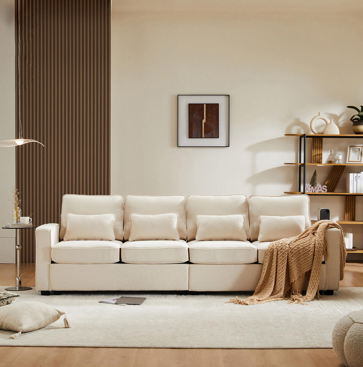 SOFA Viersitzer mit Armlehnentaschen 264 x 83 x 87 cm Leinen Beige - Beige, Kunststoff (83/87/264cm) - Meubliv