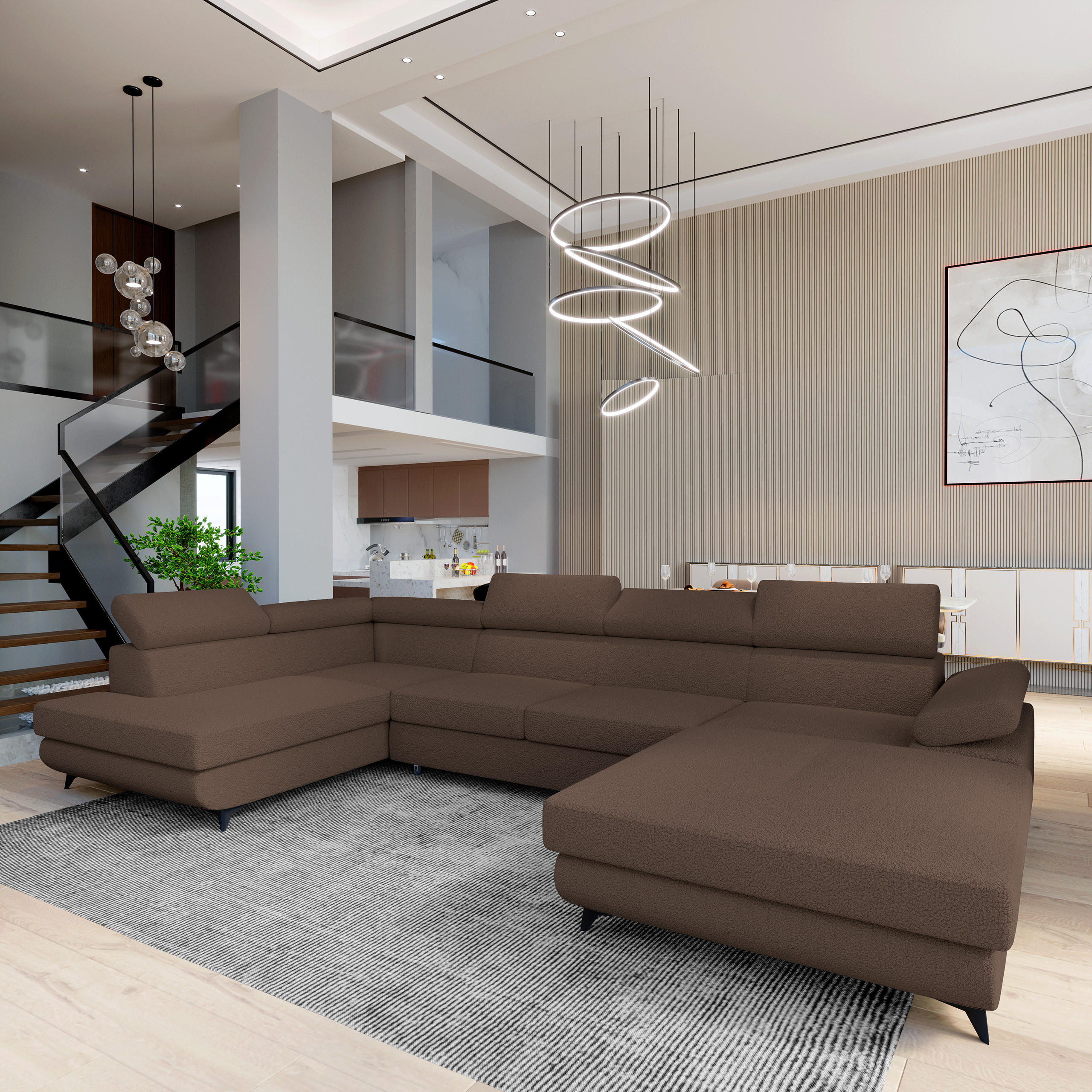 WOHNLANDSCHAFT RUBANO L-S Braun Boucle-Stoff mit Schlaffunktion - Braun, Holz (339/89/190cm) - MASSENO