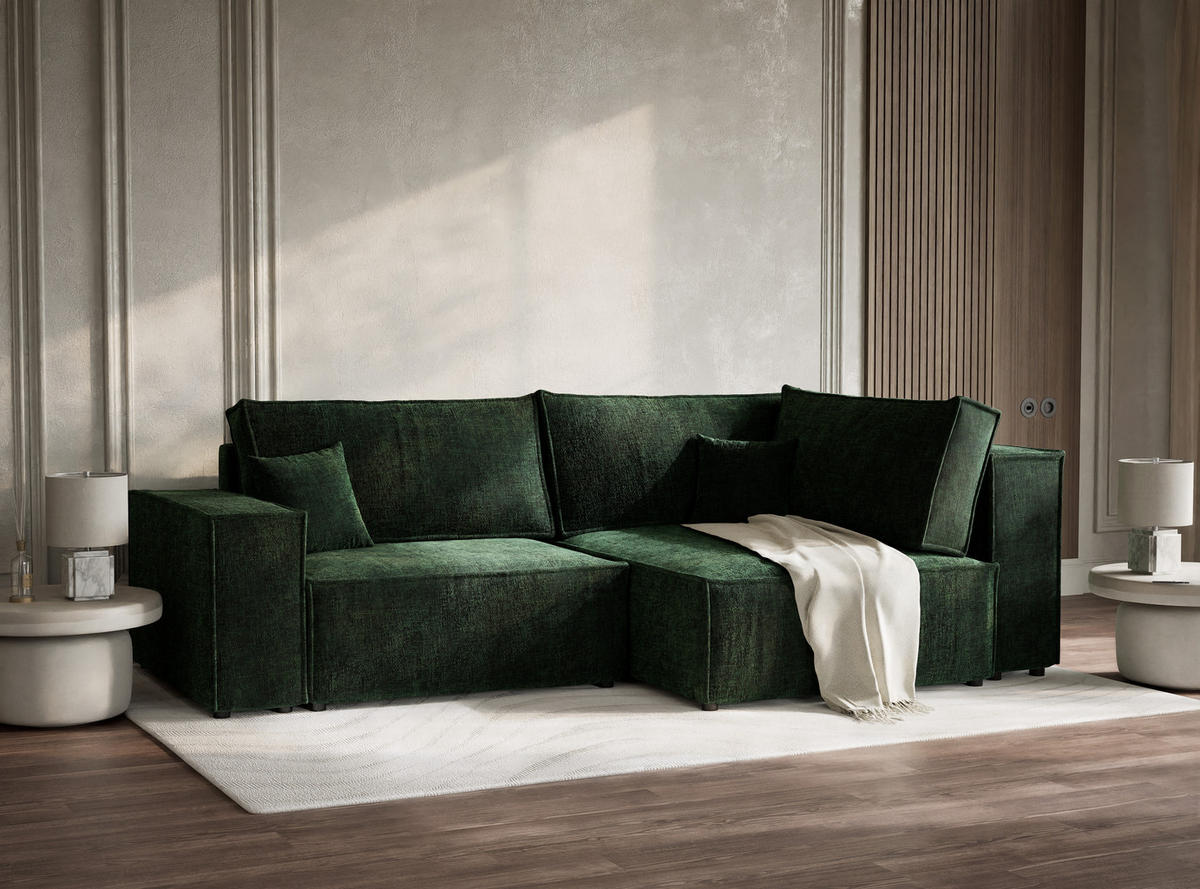 ECKSOFA MIT SCHLAFFUNKTION Tonga Dunkelgrün Chenille-Stoff - Dunkelgrün/Schwarz, Holz/Holzwerkstoff (255/105cm) - Maison de Reve