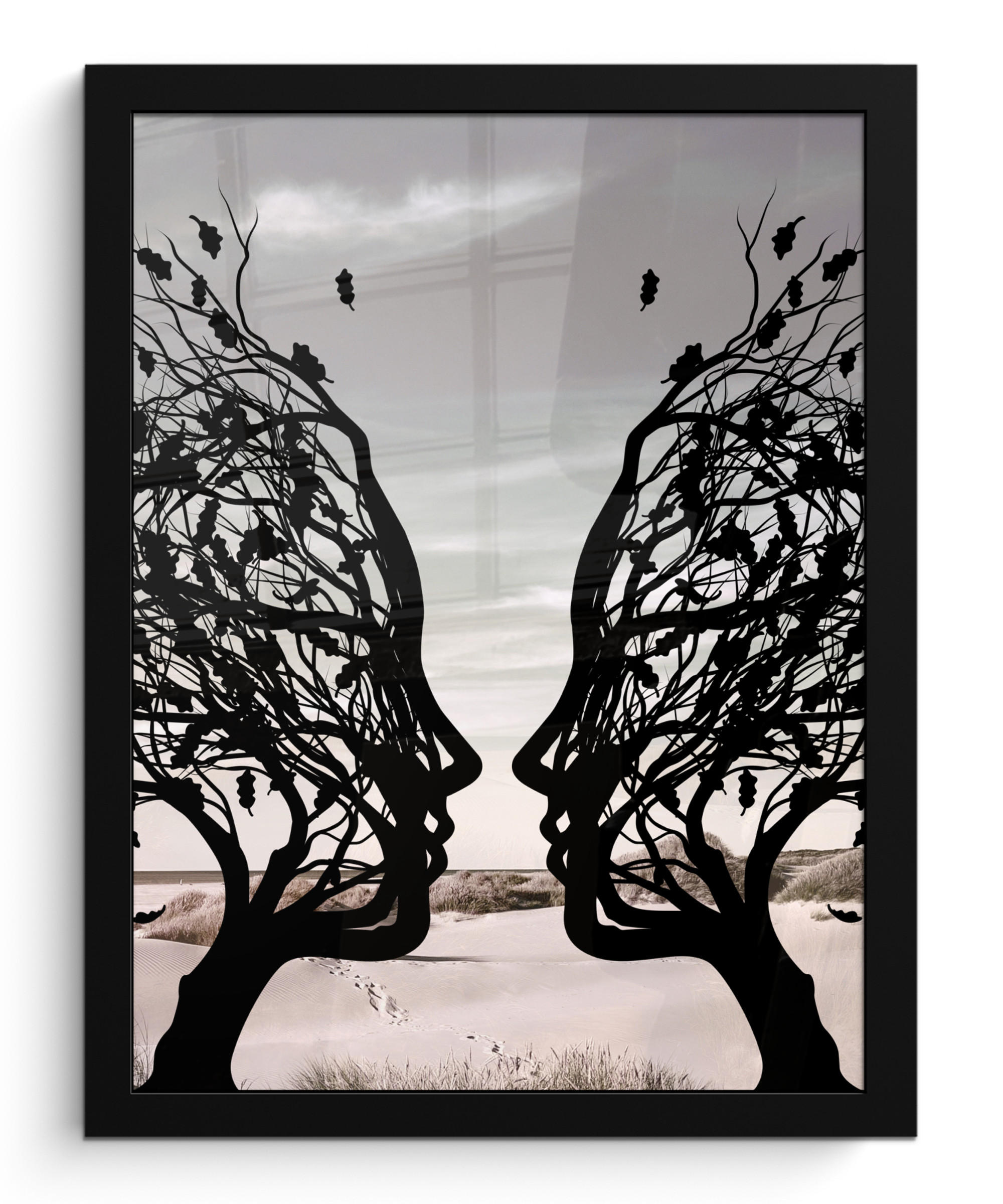 GERAHMTES BILD Strand - Meer - Menschen - Baum - Moderne Kunst 30x40 cm - Hellgrau, Papier (30/40cm) - MuchoWow