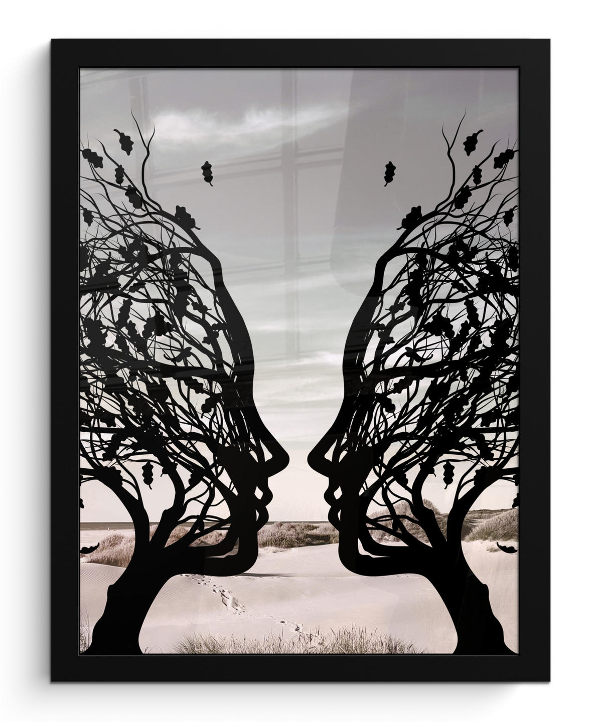 GERAHMTES BILD Strand - Meer - Menschen - Baum - Moderne Kunst 30x40 cm - Hellgrau, Papier (30/40cm) - MuchoWow