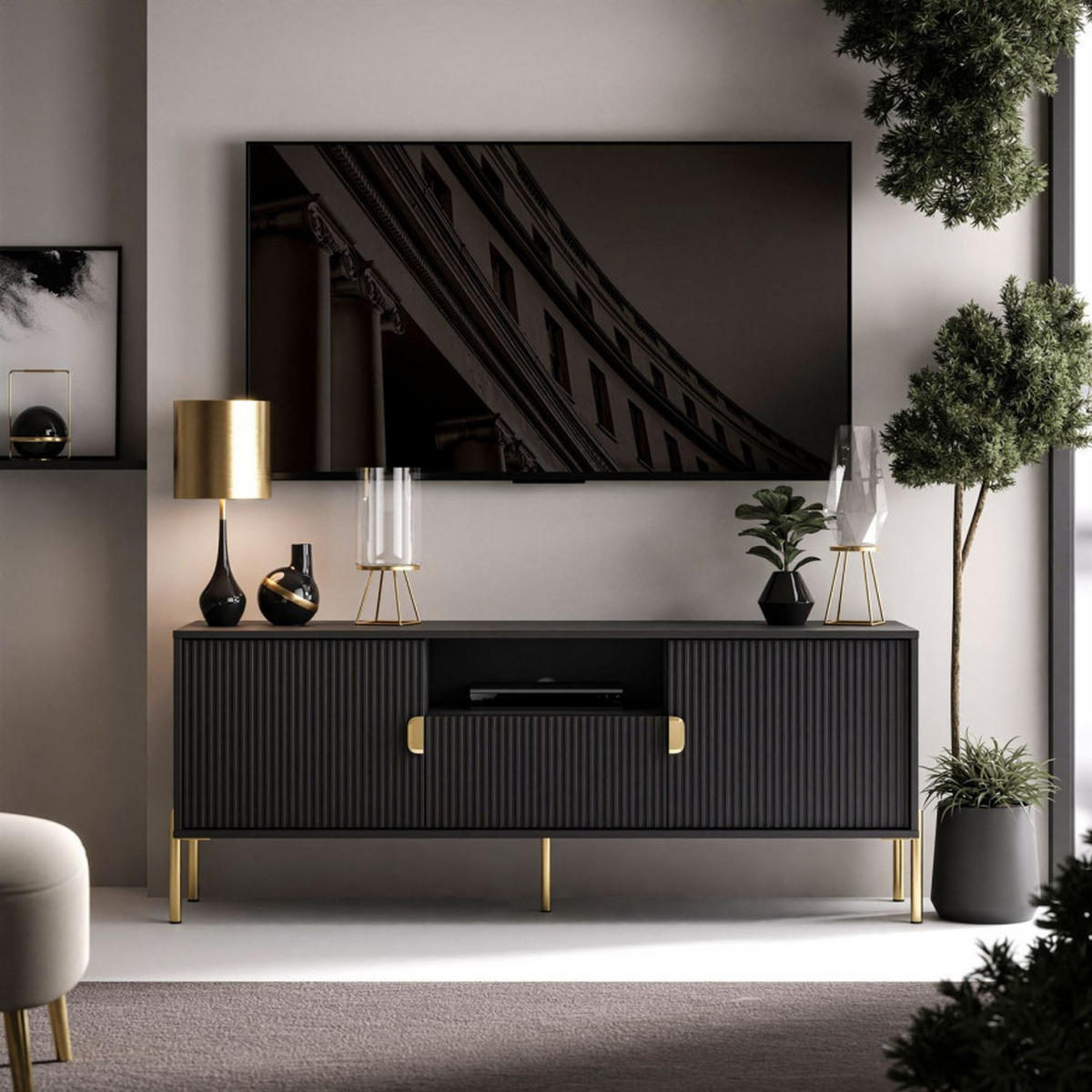 TV Rack DALIA 155 cm - Goldfarben/Schwarz, Holzwerkstoff (155/58/40cm) - Lookway