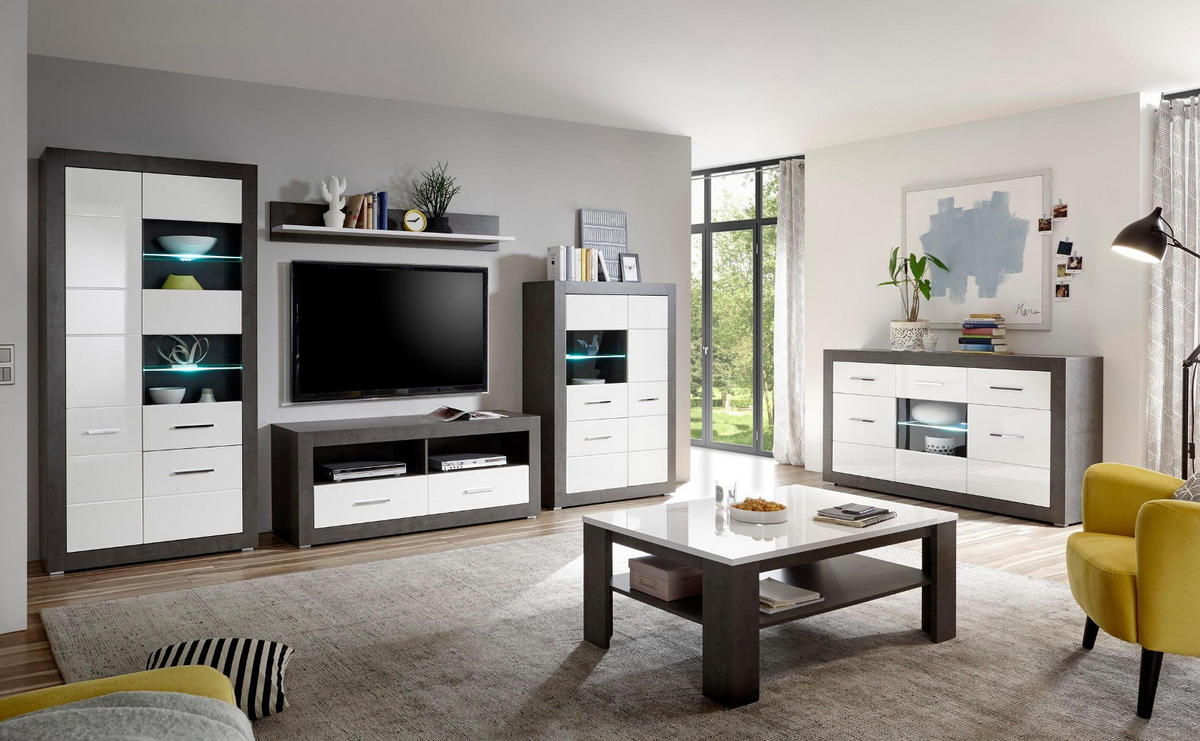 WOHNWAND weiß Hochglanz, grau Stone 4-teilig 370 x 198 cm, Wohnkombination mit viel Stauraum - Chromfarben/Weiß Hochglanz, Glas/Holzwerkstoff (370/198/45cm) - Furn.Design