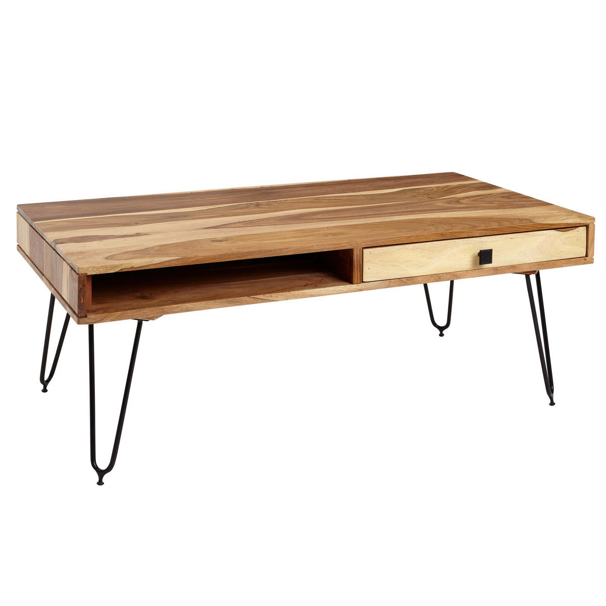 COUCHTISCH BALU mit Schubfächern aus Massivholz und Metallfüßen, leichter Aufbau, Beige 110x60x60 cm - Beige/Schwarz, Holz/Metall (60/110/60cm) - KADIMA DESIGN