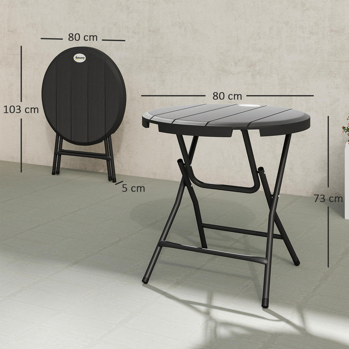 GARTENTISCH DE-07357 rund, klappbar für 4 Personen mit Holzoptik Dunkelgrau - Dunkelgrau, Kunststoff/Metall (80/80/73cm) - ComfortXL