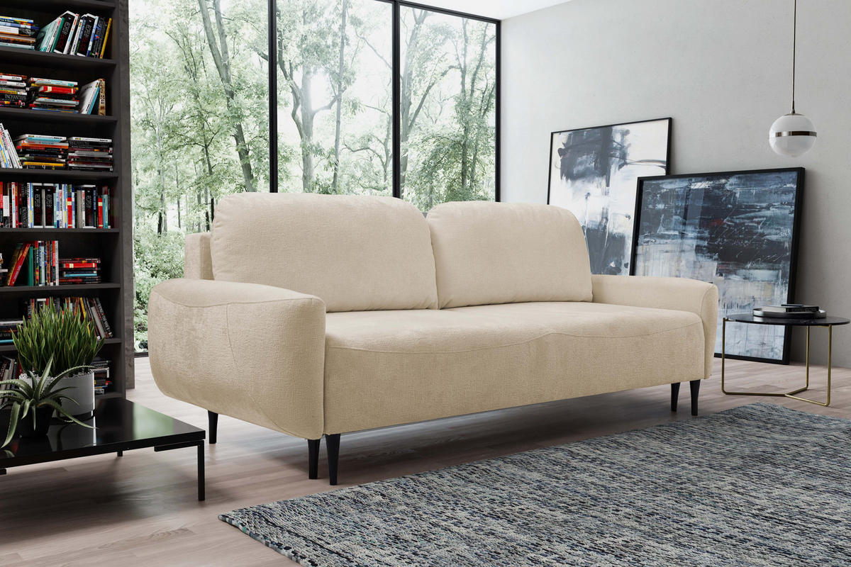 SOFA BOHO Mit Schlaffunktion Und Bettkasten, Wellenfederung, PUR-Schaum, Holzfüße, lose Rückenkissen, freistehend, 244x102x92 cm Beige - Beige, Holz/Textil (244/92/102cm) - DomoHome