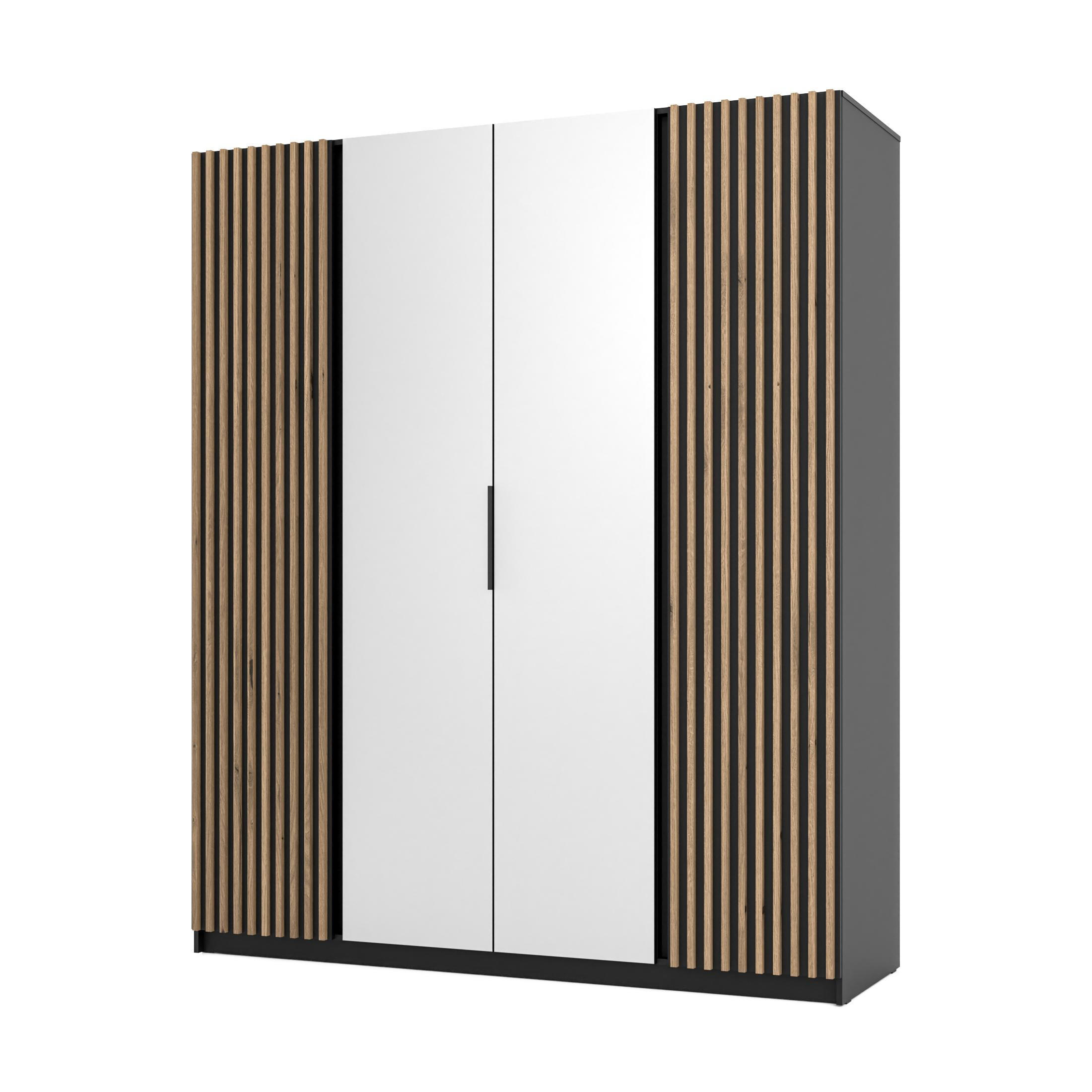 KLEIDERSCHRANK Nehir Korpus Schwarz, Front Schwarz/Eiche Evoke 200 cm - 4T Modern mit Lamellentüren außen und Spiegeln mittig - Schwarz, Holzwerkstoff/Kunststoff (200/239/61.9cm) - AX Living