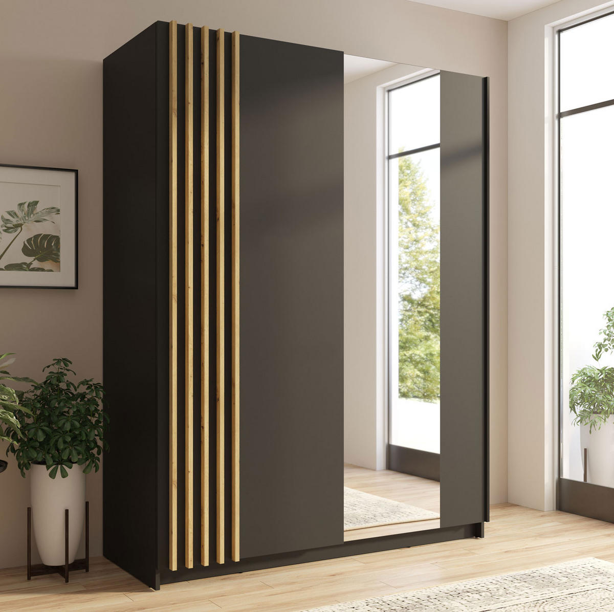 SCHWEBETÜRENSCHRANK Bayadero schwarz 200 cm / 63 cm / 199 cm - Schwarz/Braun, Holz/Holzwerkstoff (200/198/63cm) - Feldmann-Wohnen