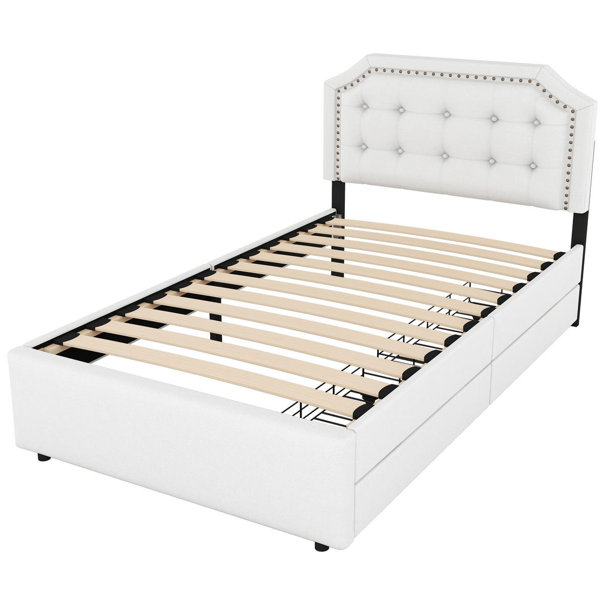 POLSTERBETT 90/200 cm Hellbeige mit Schubladen und dekorativen Nieten - Ecru, Holzwerkstoff (90/200cm) - OKWISH