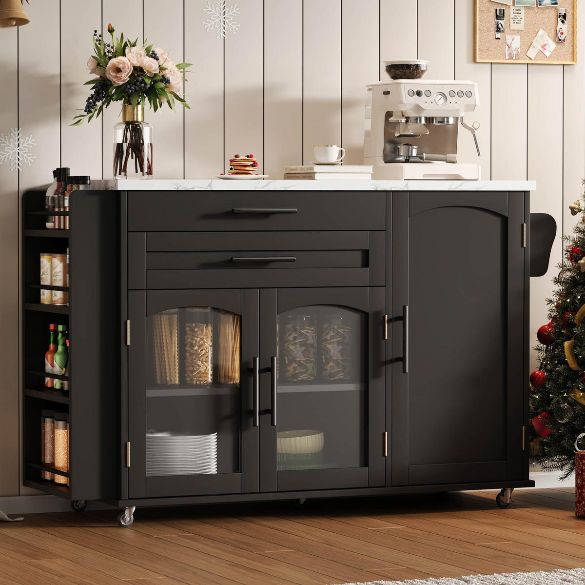 KÜCHENWAGEN 120/45-70/90 cm in Schwarz mit klappbarer Arbeitsfläche und Glastüren - Schwarz, Holzwerkstoff (138/90/70cm) - Flora Grace