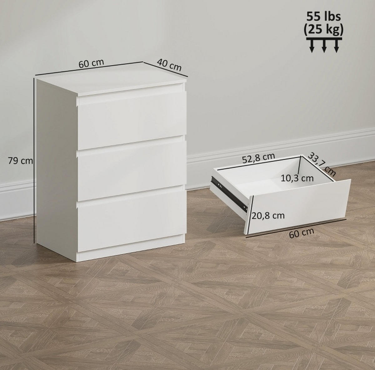 KOMMODE in Weiß mit 3 Schubladen, grifflosem Design und FSC-zertifizierter Spanplatte,79/40/60 cm - Weiß, Holz (60/79/40cm) - Flora Grace
