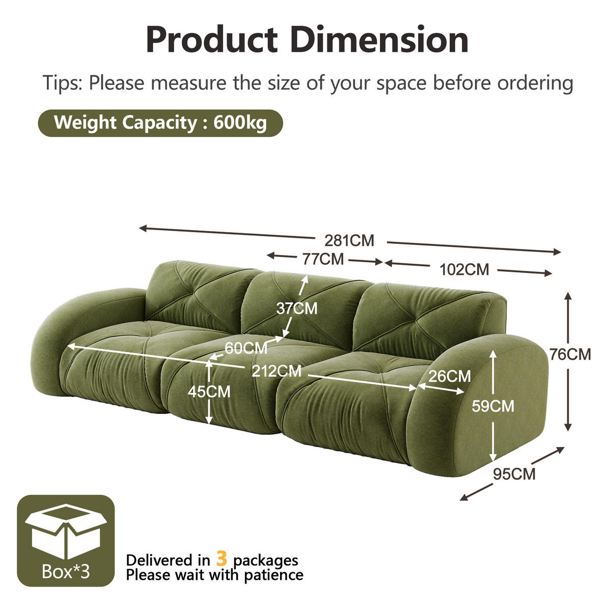 3-SITZER Sofa rahmenlos mit Chenille-Bezug, 32D-Schaumstoff und flexiblem Aufbau, Grün - Grün, Textil (281/76/95cm) - Redom