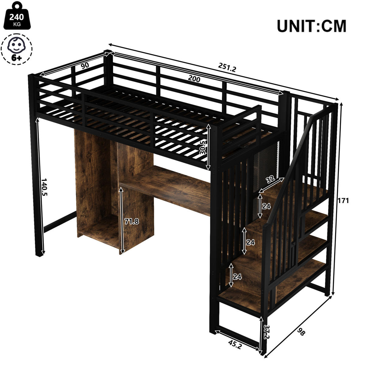 HOCHBETT 90/200 cm, Schwarz mit Kleiderschrank, Schreibtisch und Stauraum - Schwarz, Metall (90/200cm) - MIVRAY