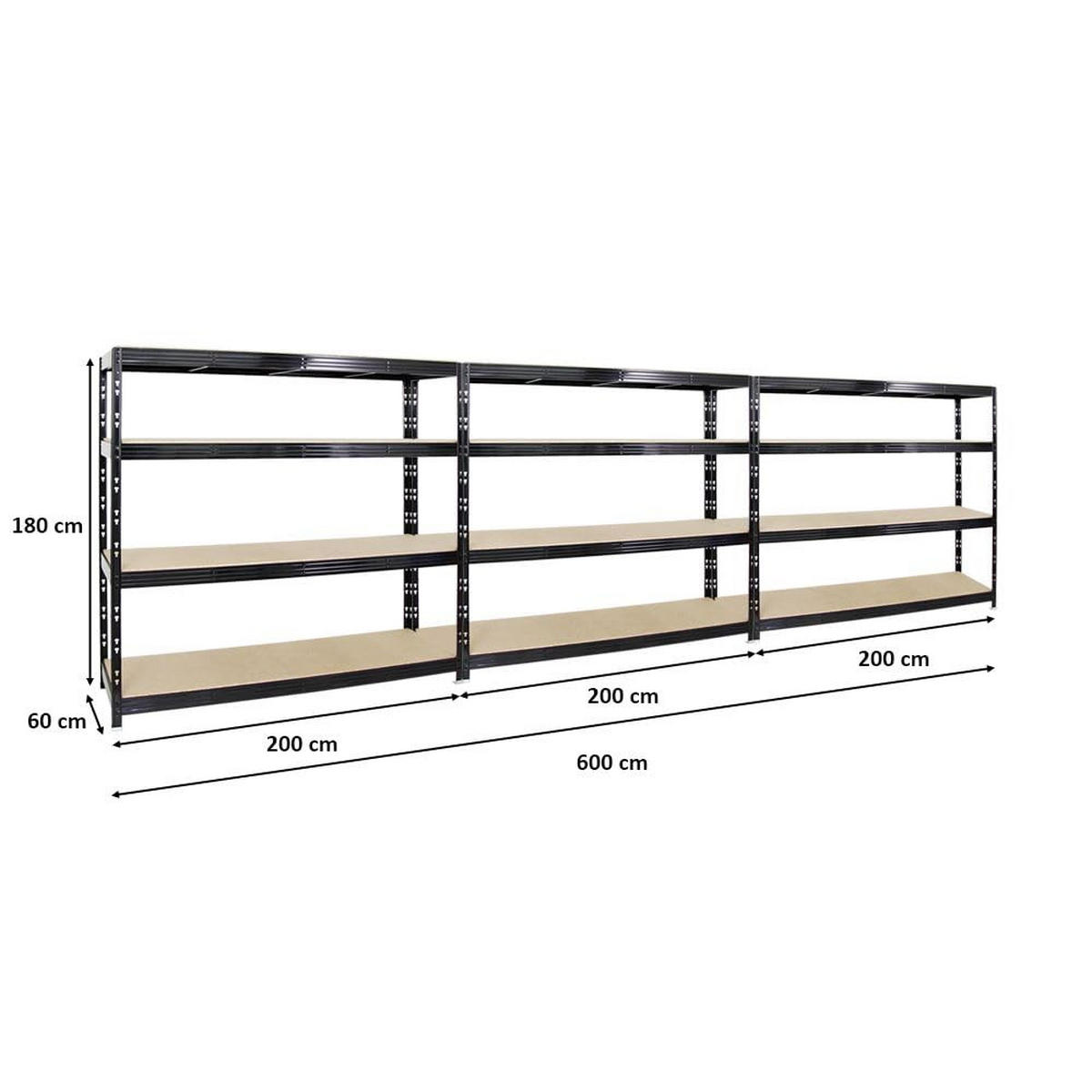 SCHWERLASTREGAL Rhino 3er-Set mit 3x 180x200x60 cm 4 Spanplatten-Ebenen 8mm Fachlast 500 kg Schwarz - Schwarz, Metall (600/180/60cm) - PROREGAL