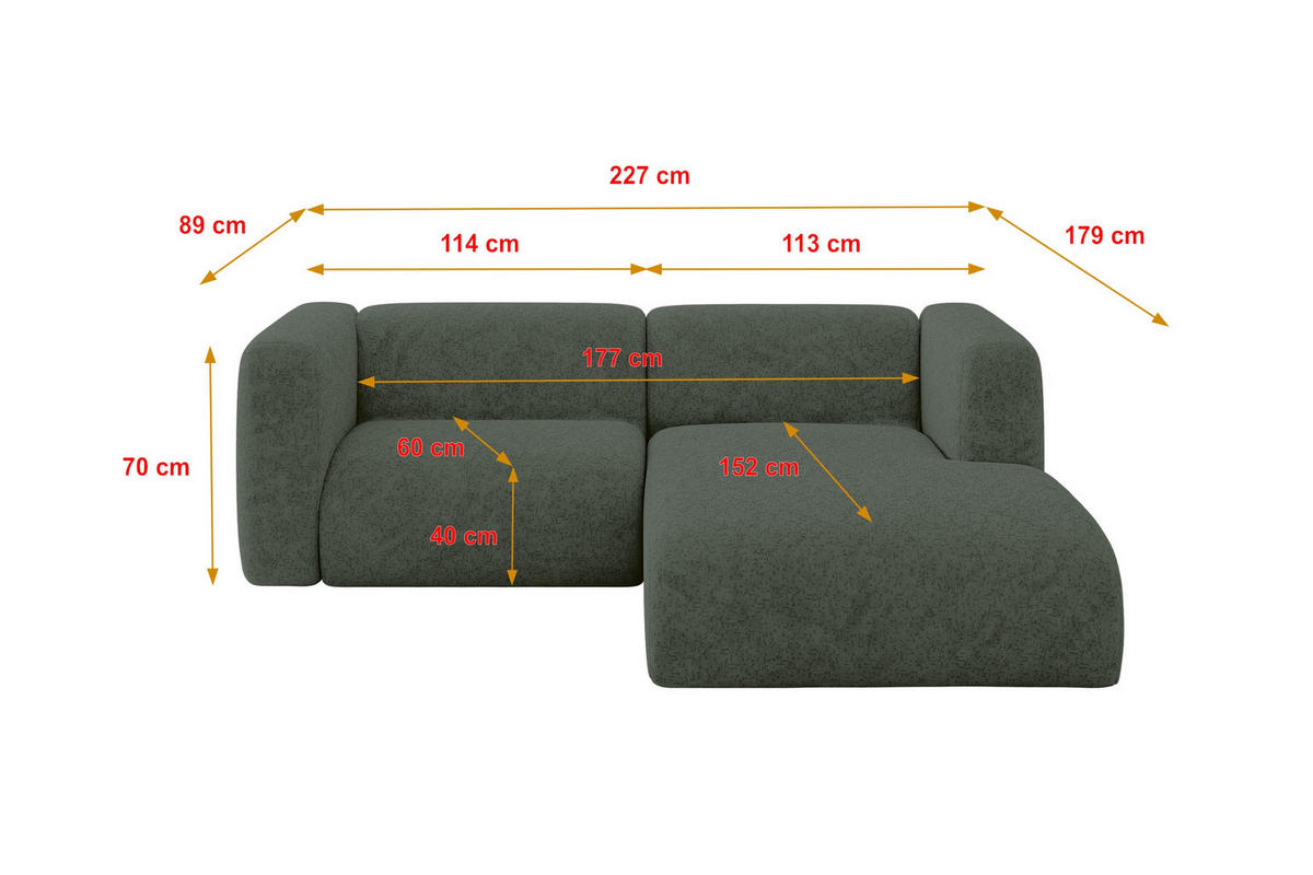 ECKSOFA Ottomane Rechts MIRA-L1 227x179x89 Grün Velours - Schwarz/Grün, Holzwerkstoff/Kunststoff (227/179cm) - ALTDECOR