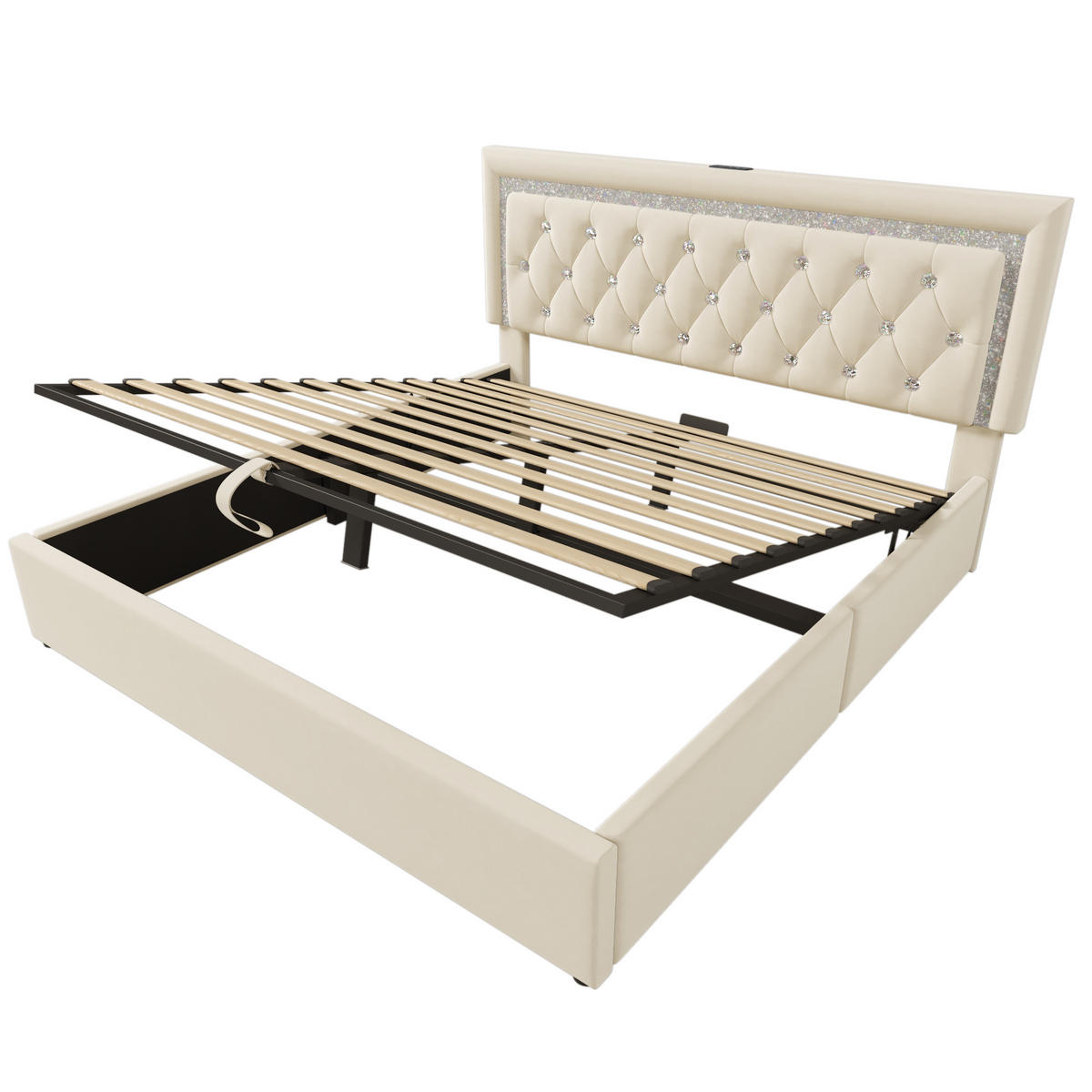 POLSTERBETT aus Samt 140x200 cm in Beige mit LED & USB-C & Matratze - Beige, Textil (140/200cm) - Modfu