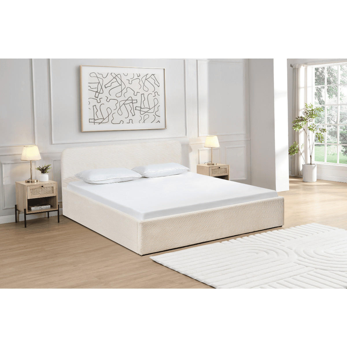 BETTKASTEN 160x200 cm mit kopfteil bezogen mit beigem - livy - Beige, Holz (200/160cm) - Calicosy