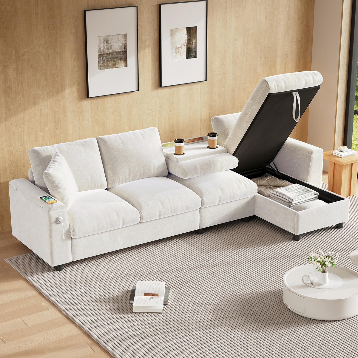 SOFA Beige L-Form Chenille Stauraum USB ausziehbar Tisch - Beige, Textil (137/84/280cm) - FLIEKS
