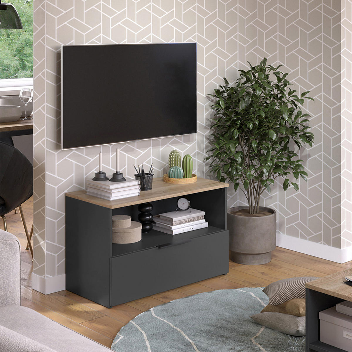 KOMMODE Wido Anthrazit/Sonoma 80 x 50 cm mit 1 geschlossenem Fach - Anthrazit, Holzwerkstoff (80/50/40cm) - Vicco