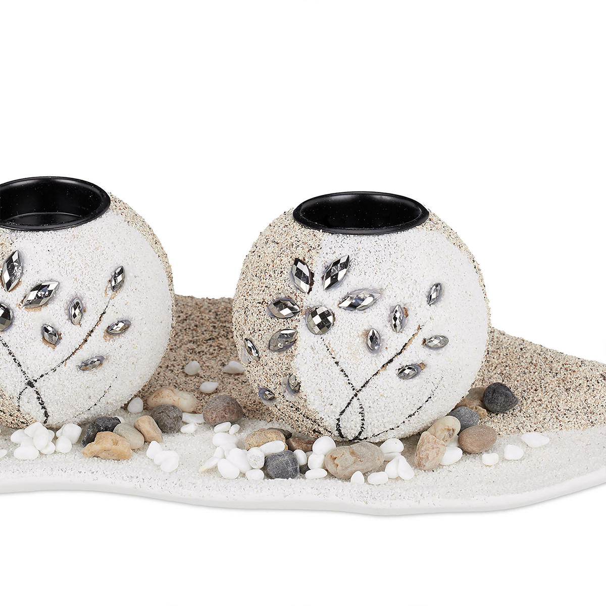 TEELICHTHALTER Weiß 3er-Set mit Dekoschale - Creme, Naturmaterialen/Holzwerkstoff (2.5cm) - Relaxdays