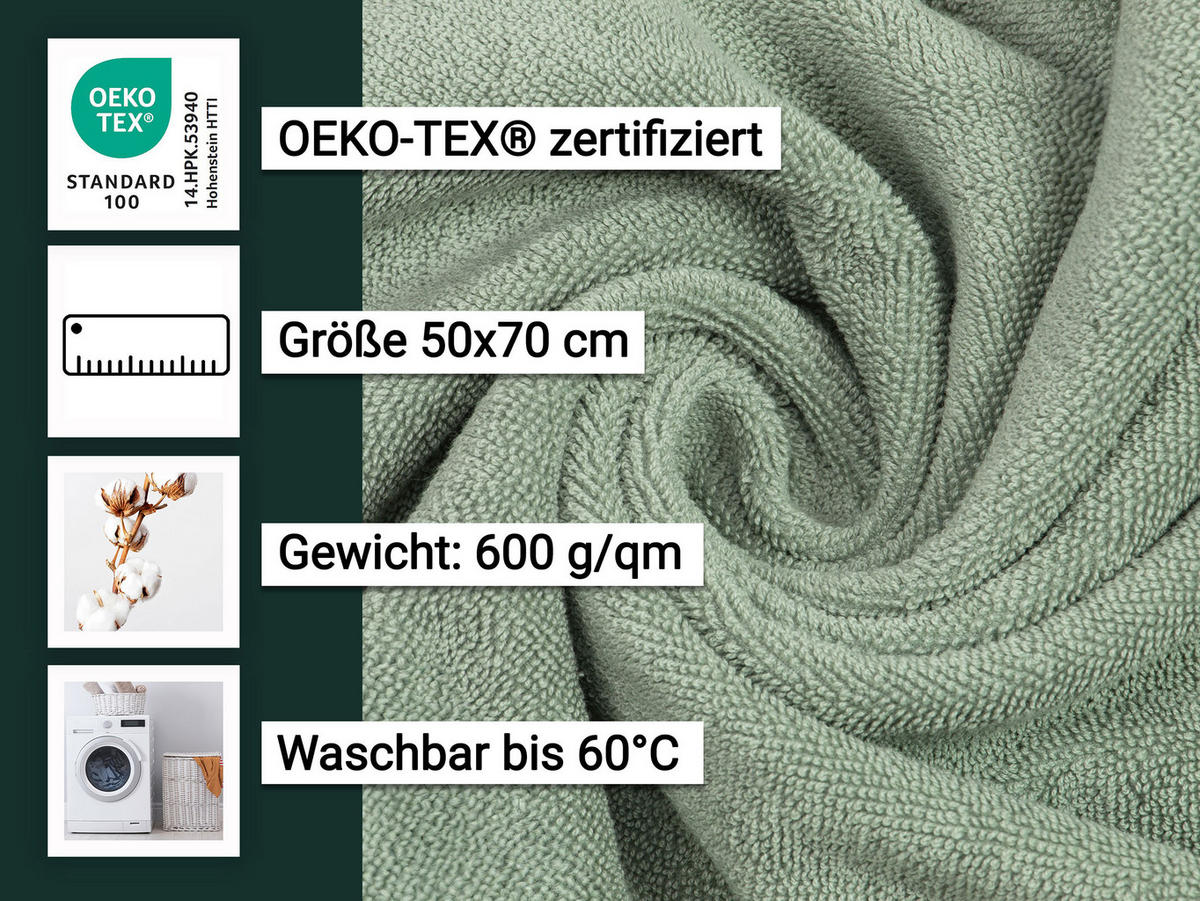 BADEMATTE, 2er-Set, 50x70 cm, 100% Baumwolle - Salbeigrün, Textil (50/70cm) - Zollner