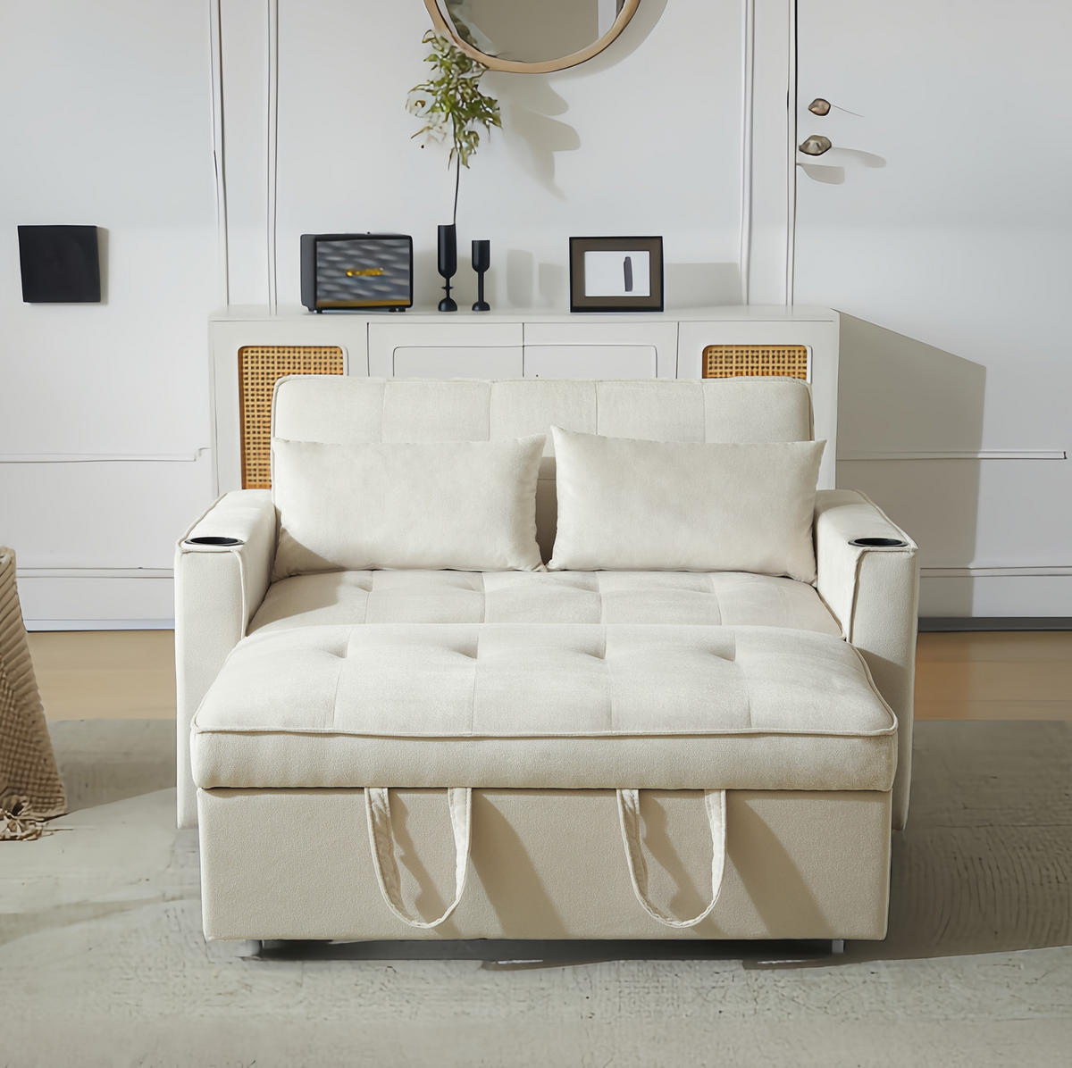 SCHLAFSOFA Multifunktion mit Getränkehalter und 2 Kissen Samt Beige 137/76,5/83 cm - Beige, Textil (137/83/76.5cm) - OKWISH