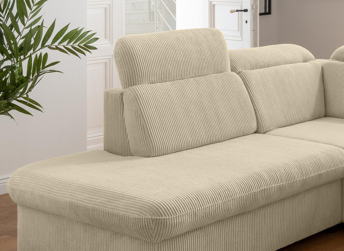ECKSOFA mit Schlaffunktion, Bettkasten, Kopfstützen verstellbar, Wellenunterfederung, Ottomane links B283/T228/H102 cm, Cord Beige Grau / 17218 - Chromfarben/Greige, Textil/Metall (283/228cm) - luma-home